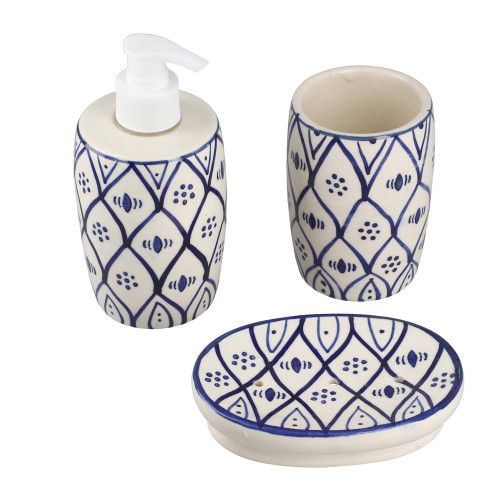 Set of 3 Handpainted Ceramic Bathroom Accessory Liquid Soap Dispenser, Soap Tray & Tumbler - Blue and White 