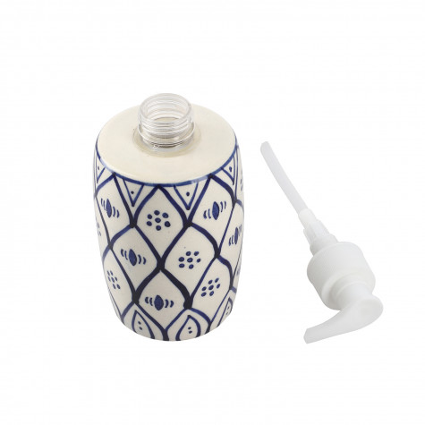 Set of 3 Handpainted Ceramic Bathroom Accessory Liquid Soap Dispenser, Soap Tray & Tumbler - Blue and White 