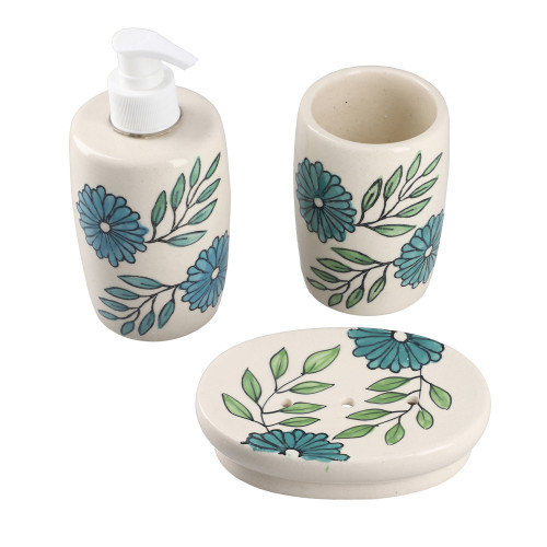Set of 3 Handpainted Ceramic Bathroom Accessory Liquid Soap Dispenser, Soap Tray & Tumbler - Teal Green and White