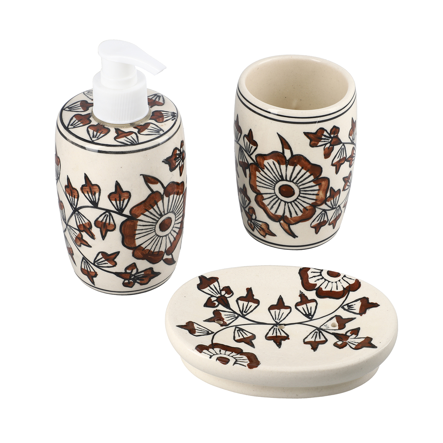 Set of 3 Ceramic Bathroom Accessory Liquid Soap Dispenser, Soap Tray & Tumbler - Brown and White