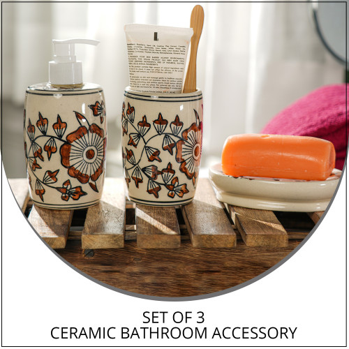 Set of 3 Ceramic Bathroom Accessory Liquid Soap Dispenser, Soap Tray & Tumbler - Brown and White