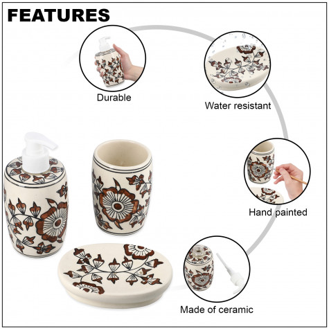 Set of 3 Ceramic Bathroom Accessory Liquid Soap Dispenser, Soap Tray & Tumbler - Brown and White