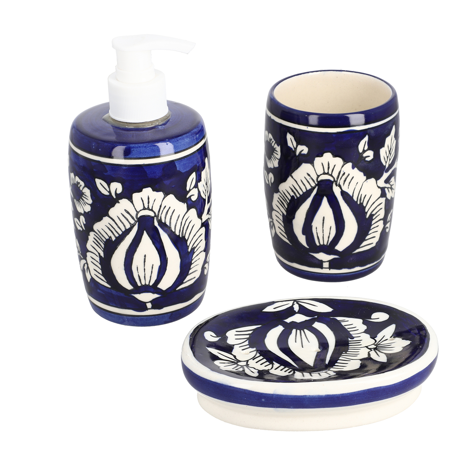 Set of 3 Handcrafted Ceramic Bathroom Accessory Liquid Soap Dispenser, Soap Tray & Tumbler - Navy and White