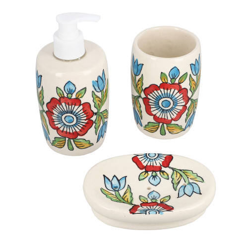 Set of 3 Handpainted Ceramic Bathroom Accessory Liquid Soap Dispenser, Soap Tray & Tumbler - Multi Color