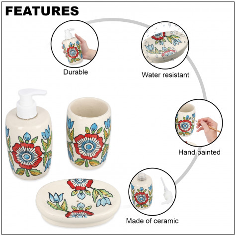 Set of 3 Handpainted Ceramic Bathroom Accessory Liquid Soap Dispenser, Soap Tray & Tumbler - Multi Color