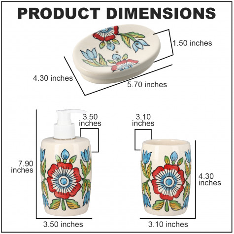 Set of 3 Handpainted Ceramic Bathroom Accessory Liquid Soap Dispenser, Soap Tray & Tumbler - Multi Color