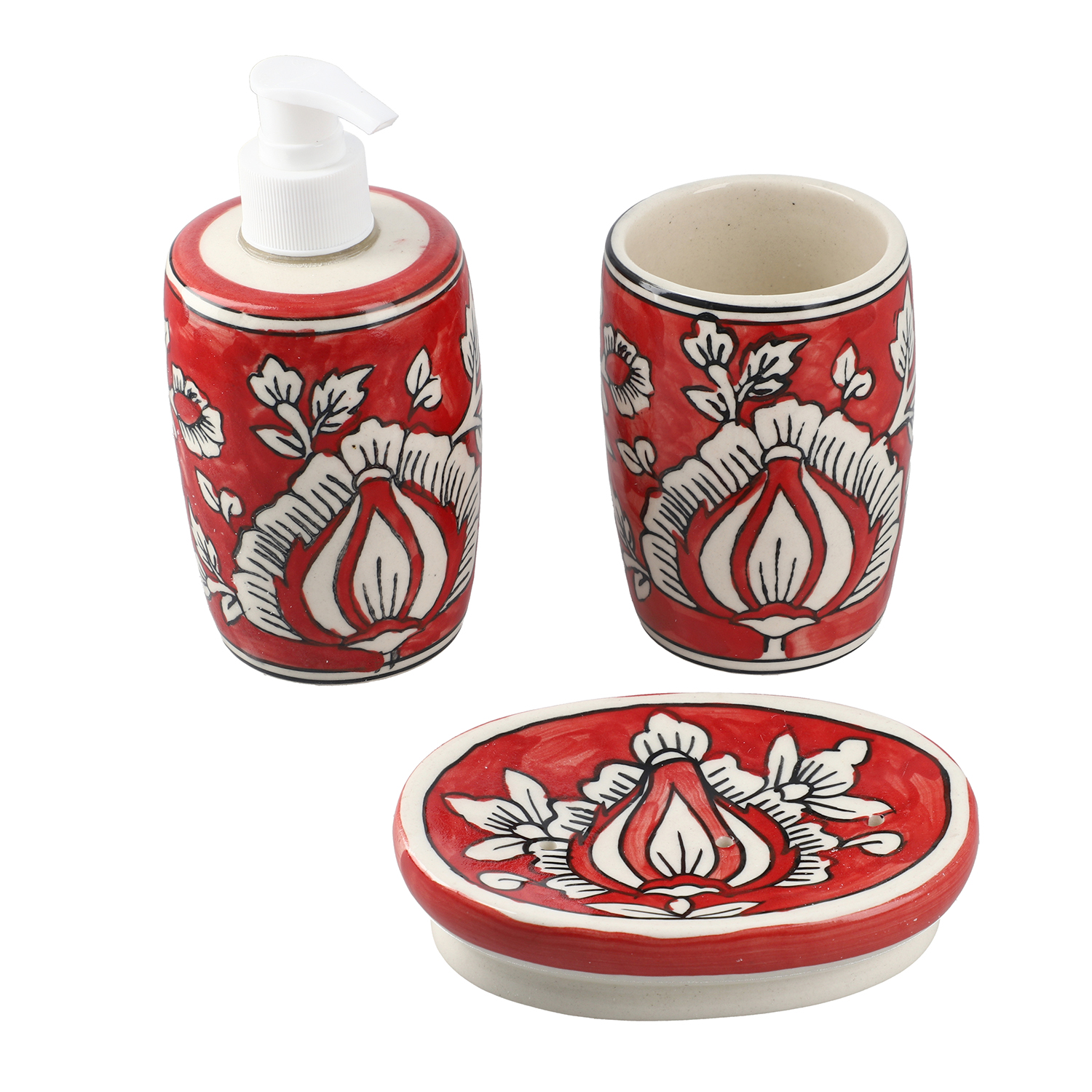 Set of 3 Handpainted Ceramic Bathroom Accessory Liquid Soap Dispenser, Soap Tray & Tumbler - Red and White