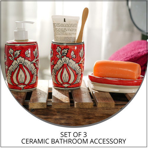 Set of 3 Handpainted Ceramic Bathroom Accessory Liquid Soap Dispenser, Soap Tray & Tumbler - Red and White