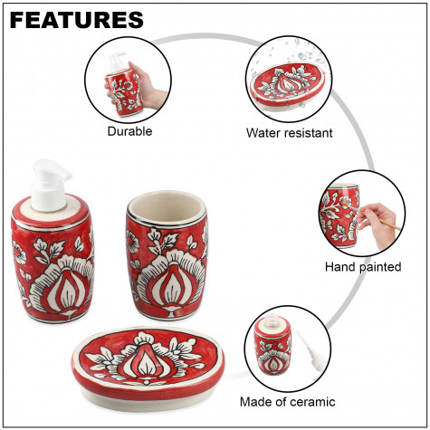 Set of 3 Handpainted Ceramic Bathroom Accessory Liquid Soap Dispenser, Soap Tray & Tumbler - Red and White