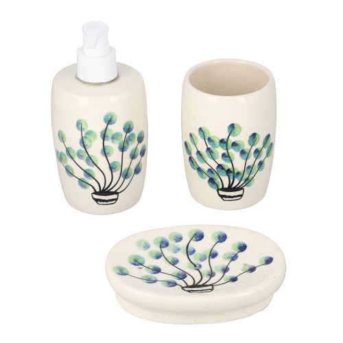 Set of 3 Handpainted Ceramic Bathroom Accessory Liquid Soap Dispenser, Soap Tray & Tumbler - Green and White