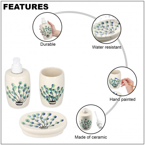 Set of 3 Handpainted Ceramic Bathroom Accessory Liquid Soap Dispenser, Soap Tray & Tumbler - Green and White