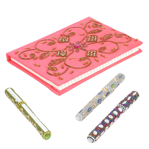 Handcrafted Fabric Embroidery Diary with Beaded Pen Set Pink Color