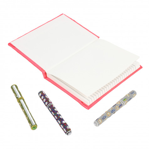 Handcrafted Fabric Embroidery Diary with Beaded Pen Set Pink Color