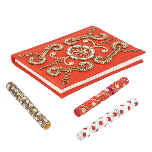 Handcrafted Fabric Embroidery Diary with Beaded Pen Set Red Color