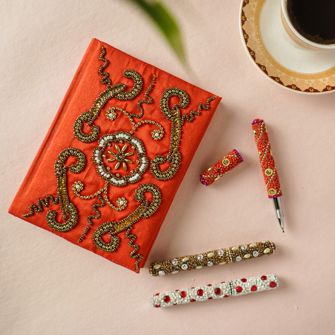 Handcrafted Fabric Embroidery Diary with Beaded Pen Set Red Color