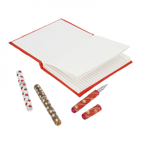 Handcrafted Fabric Embroidery Diary with Beaded Pen Set Red Color