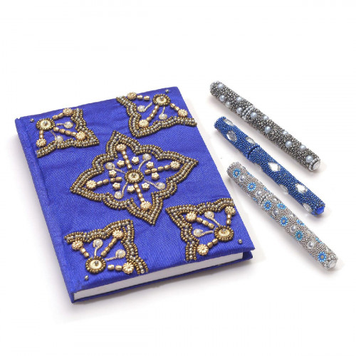 Handcrafted Fabric Embroidery Diary with Beaded Pen Set Blue Color