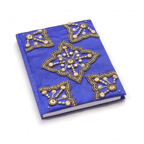 Handcrafted Fabric Embroidery Diary with Beaded Pen Set Blue Color