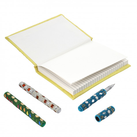 Handcrafted Fabric Embroidery Diary with Beaded Pen Set Green Color
