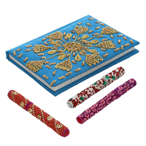 Handcrafted Fabric Embroidery Diary with Beaded Pen Set Firozi Color