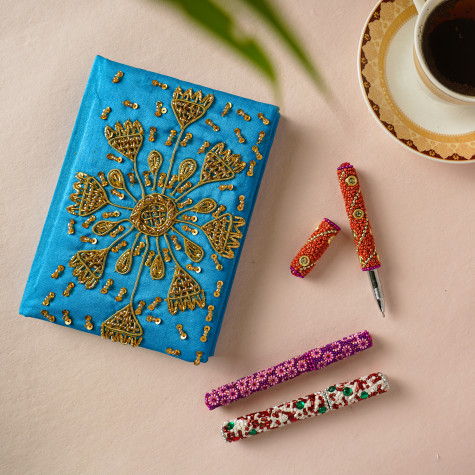 Handcrafted Fabric Embroidery Diary with Beaded Pen Set Firozi Color