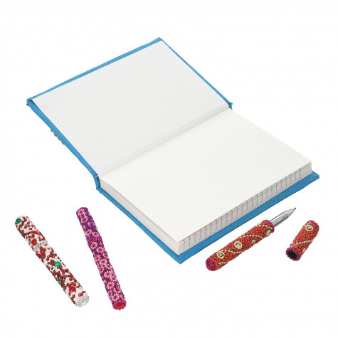 Handcrafted Fabric Embroidery Diary with Beaded Pen Set Firozi Color