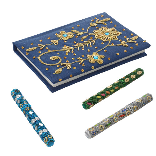 Handcrafted Fabric Embroidery Diary with Beaded Pen Set Dark Blue Color