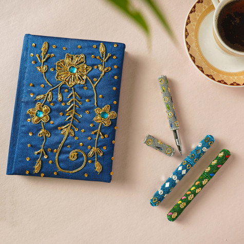 Handcrafted Fabric Embroidery Diary with Beaded Pen Set Dark Blue Color