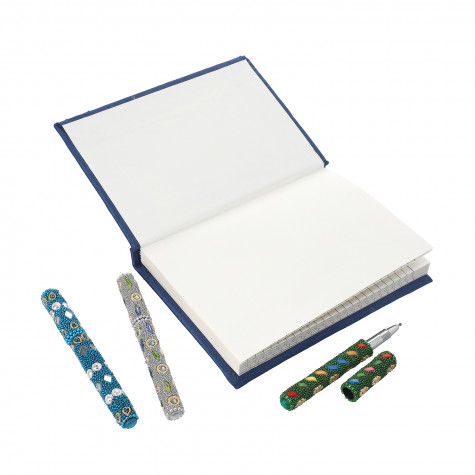 Handcrafted Fabric Embroidery Diary with Beaded Pen Set Dark Blue Color