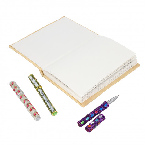 Handcrafted Fabric Embroidery Diary with Beaded Pen Set Cream Color