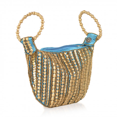 Handcrafted Aqua Satin Pearl Acrylic Beads Potli Bag 