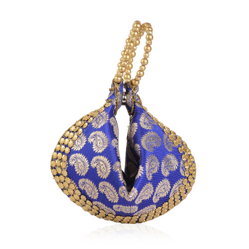 Handcrafted Blue Satin Pearl Acrylic Beads Potli Bag 