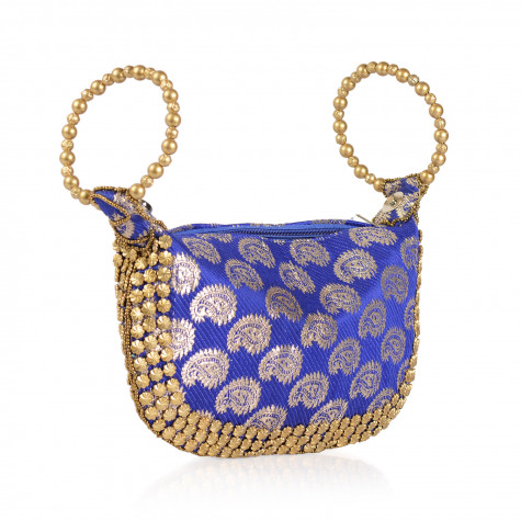 Handcrafted Blue Satin Pearl Acrylic Beads Potli Bag 
