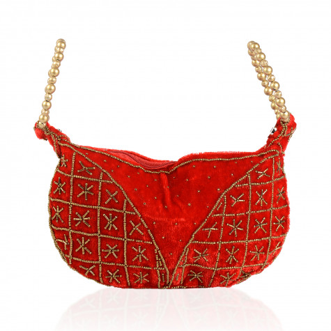 Handcrafted Red Satin Pearl and Acrylic Beads Potli Bag