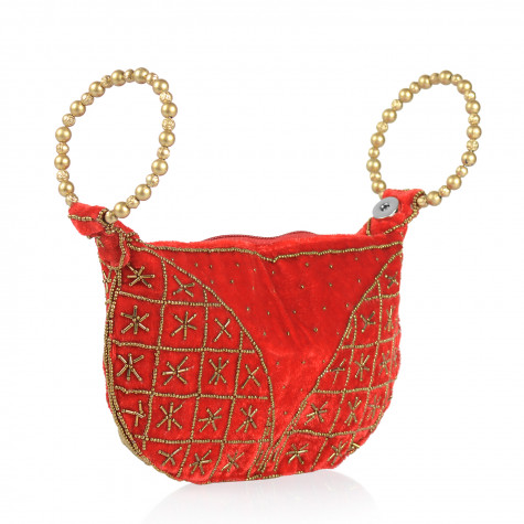 Handcrafted Red Satin Pearl and Acrylic Beads Potli Bag