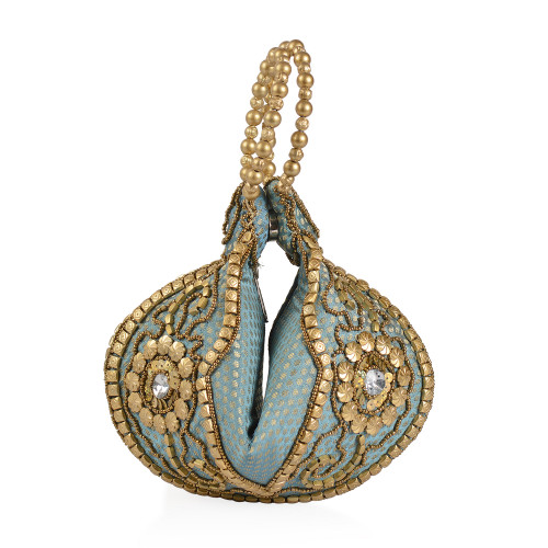 Handcrafted Aqua Gold and Beige Satin Pearl Acrylic Beads Potli Bag