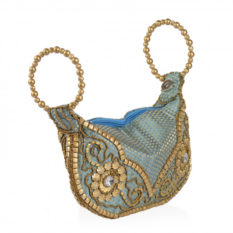 Handcrafted Aqua Gold and Beige Satin Pearl Acrylic Beads Potli Bag