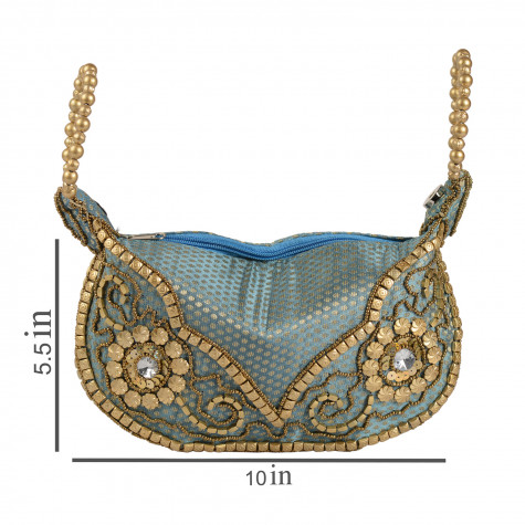 Handcrafted Aqua Gold and Beige Satin Pearl Acrylic Beads Potli Bag