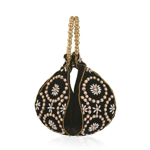 Handcrafted Black Satin Pearl Acrylic Beads Potli Bag