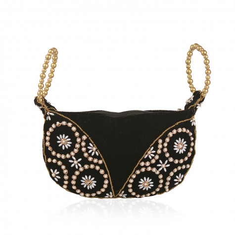 Handcrafted Black Satin Pearl Acrylic Beads Potli Bag