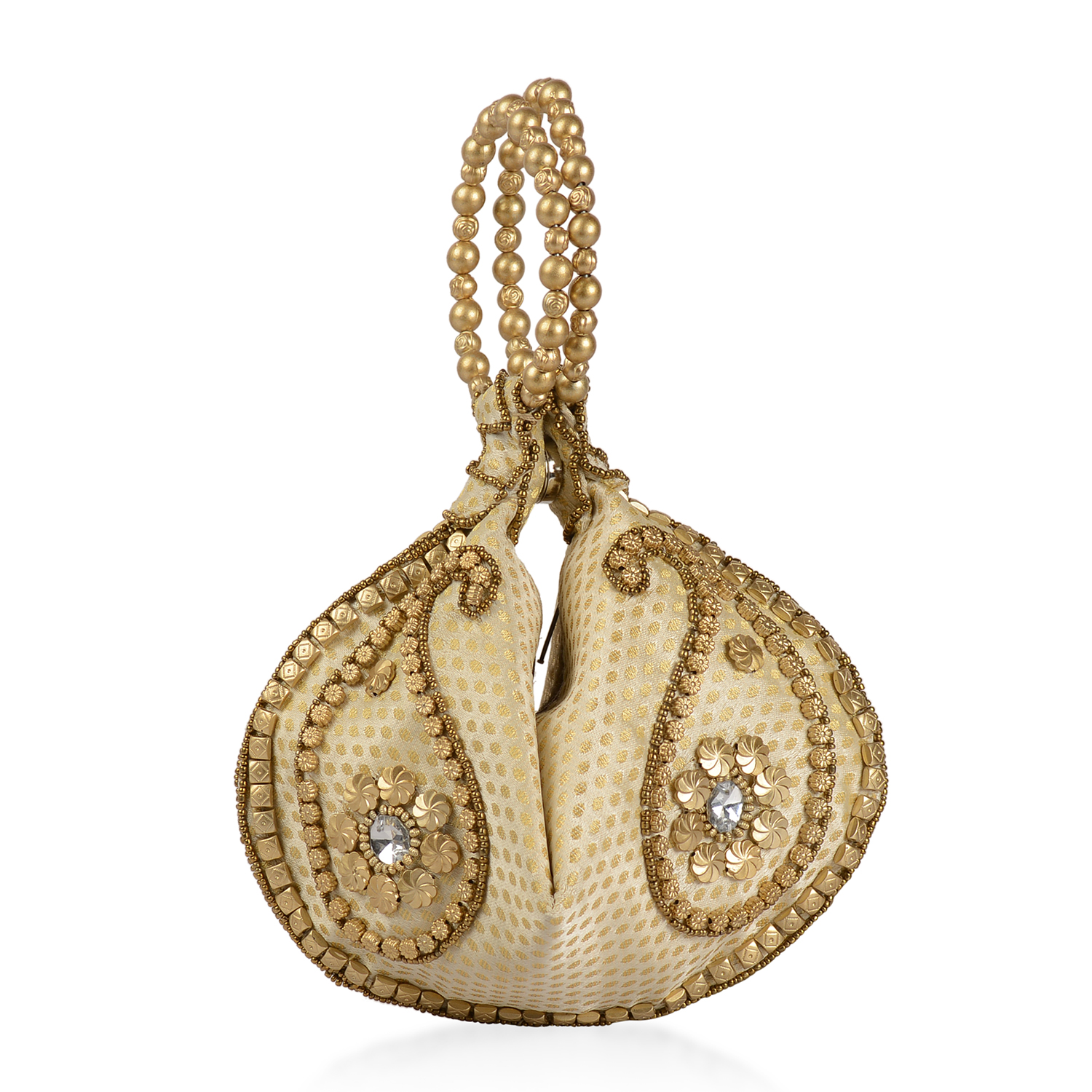 Handcrafted Golden Satin Pearl Acrylic Beads Potli Bag