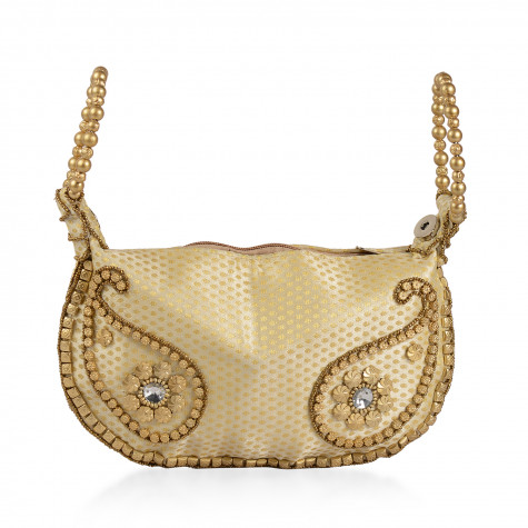 Handcrafted Golden Satin Pearl Acrylic Beads Potli Bag