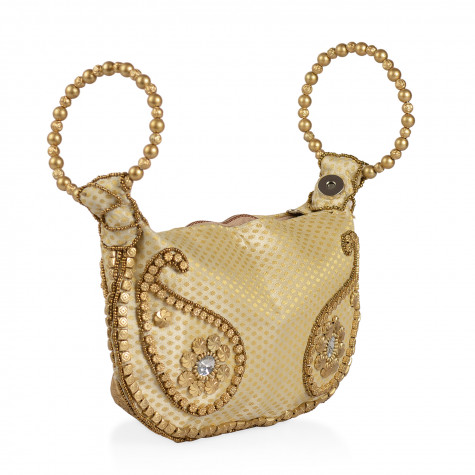 Handcrafted Golden Satin Pearl Acrylic Beads Potli Bag