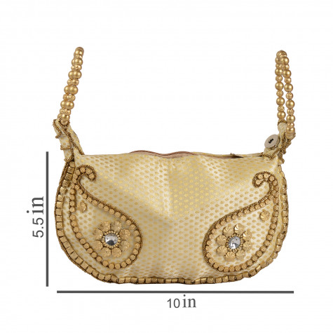 Handcrafted Golden Satin Pearl Acrylic Beads Potli Bag
