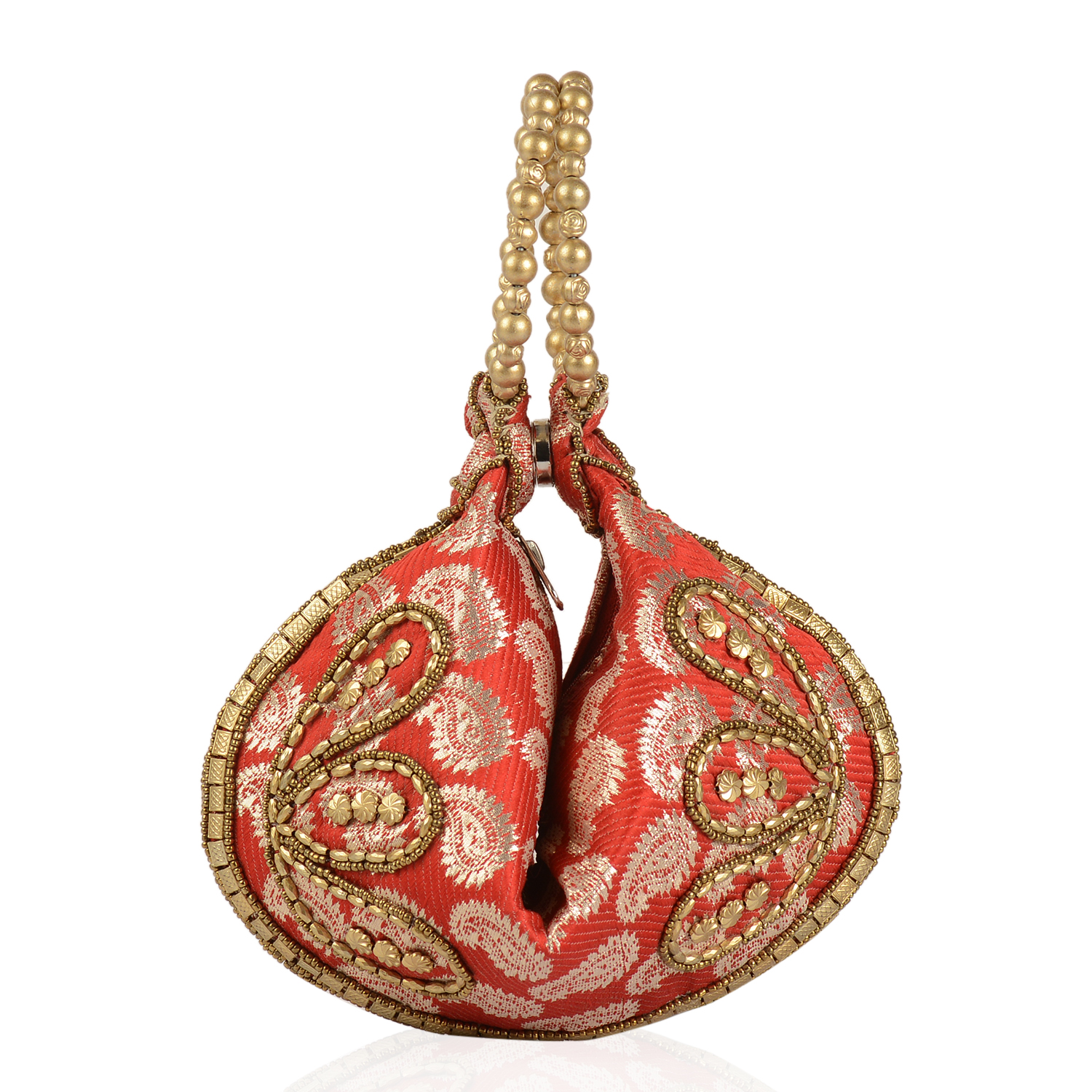 Handcrafted Red with Golden Satin Pearl, Acrylic Beads Potli Bag