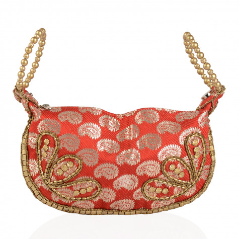 Handcrafted Red with Golden Satin Pearl, Acrylic Beads Potli Bag