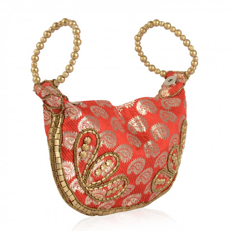 Handcrafted Red with Golden Satin Pearl, Acrylic Beads Potli Bag