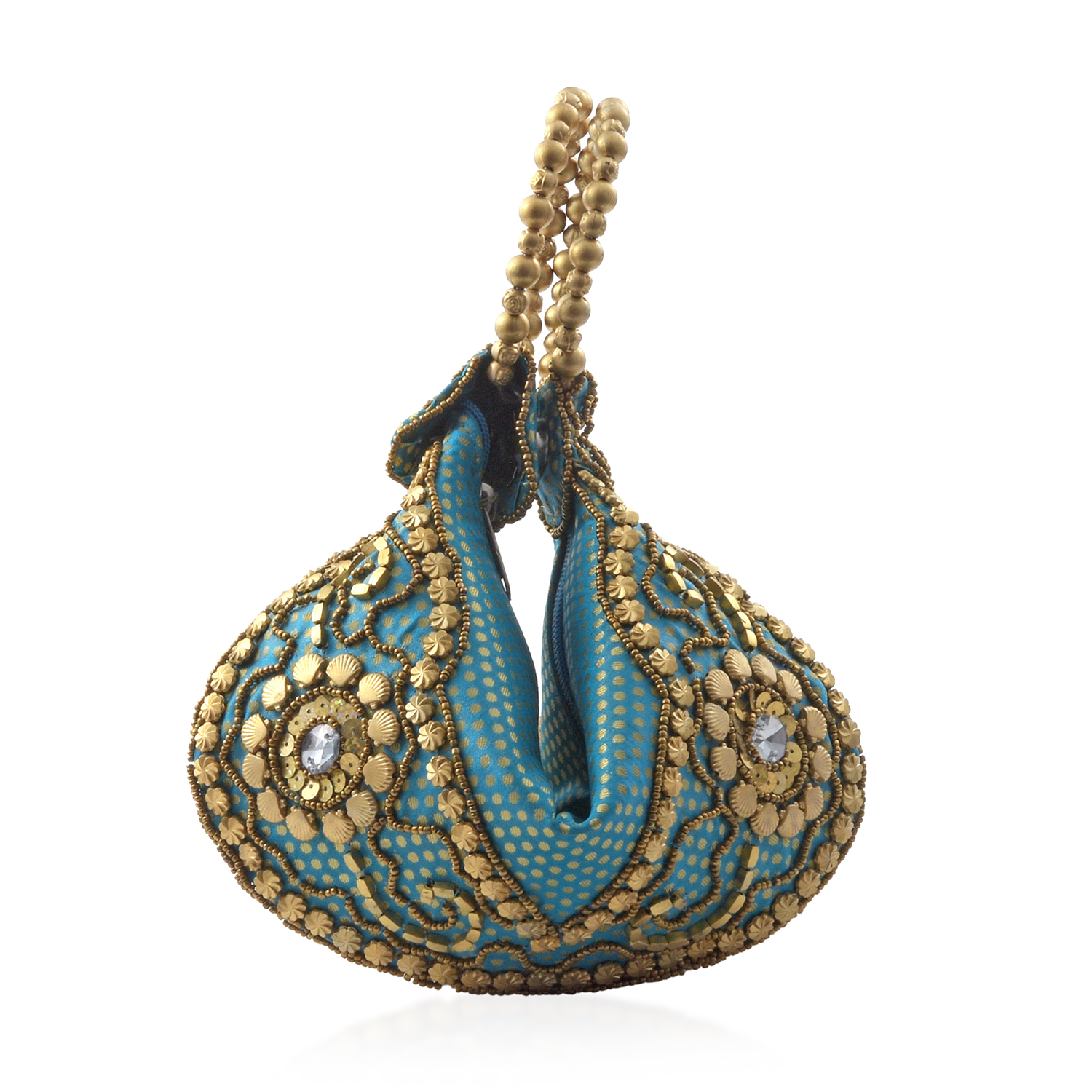 Handcrafted Turquoise Satin Pearl Acrylic Beads Potli Bag