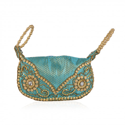 Handcrafted Turquoise Satin Pearl Acrylic Beads Potli Bag