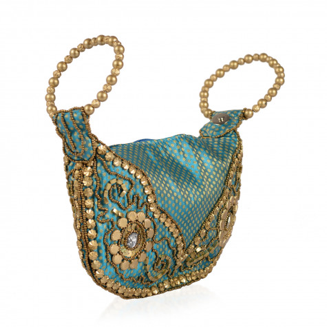 Handcrafted Turquoise Satin Pearl Acrylic Beads Potli Bag